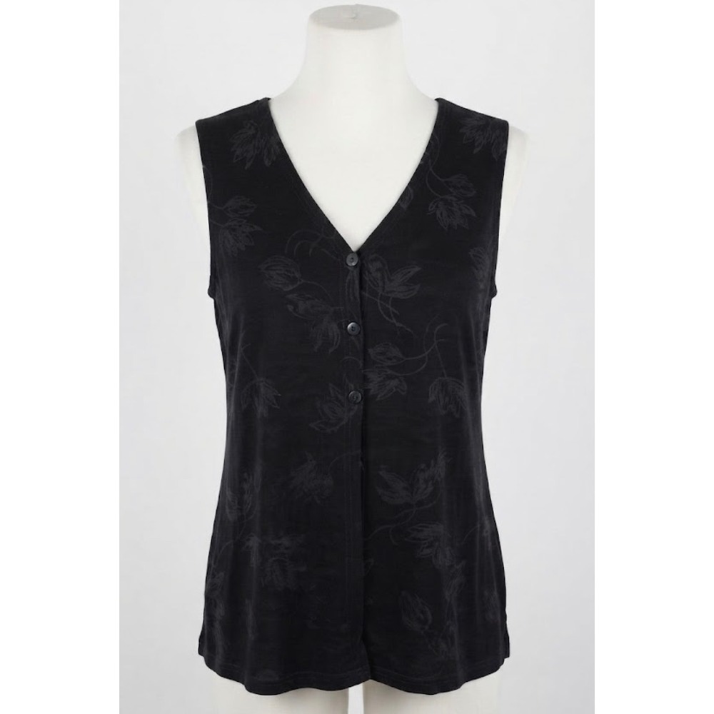 AMANDA 90s Black Floral Iridescent Slinky Tank Top Button Down Sleeveless L Fall
